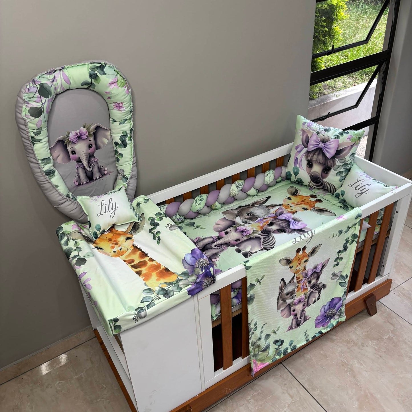 Mint and Lavender Safari cot linen