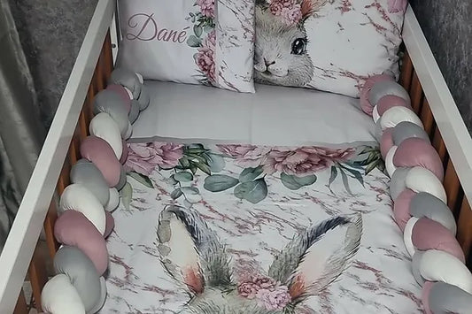 Peony grey and pink Marble bunny cot linen