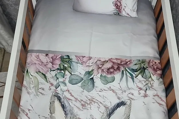 Peony grey and pink Marble bunny cot linen