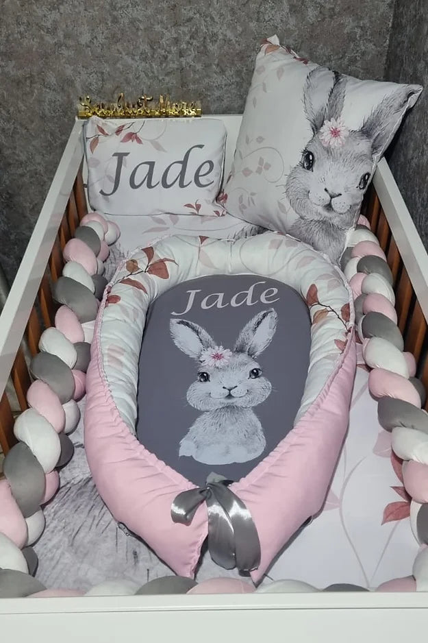 Sophisticated Baby Pink and Grey Bunny Baby Nest - Sew Just More
