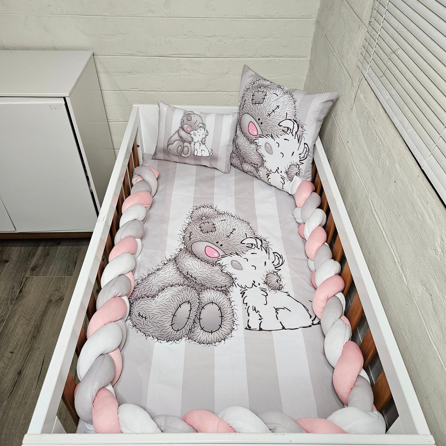 Pink Nose Grey strips Tatty Teddy cot linen