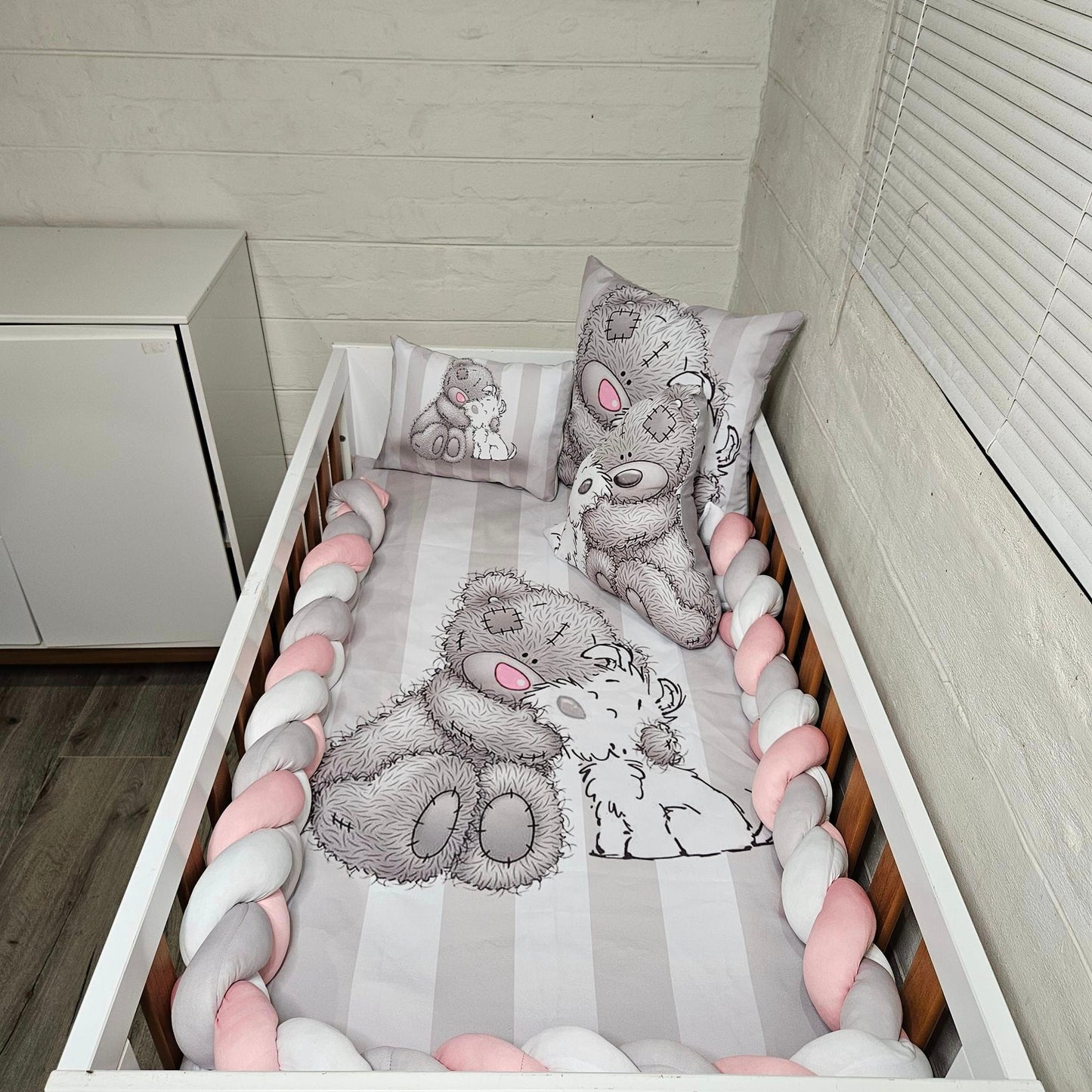 Pink Nose Grey strips Tatty Teddy cot linen