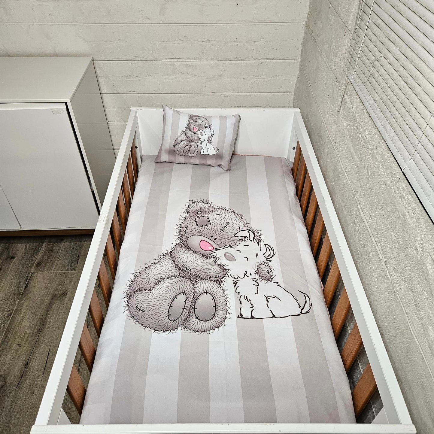 Pink Nose Grey strips Tatty Teddy cot linen