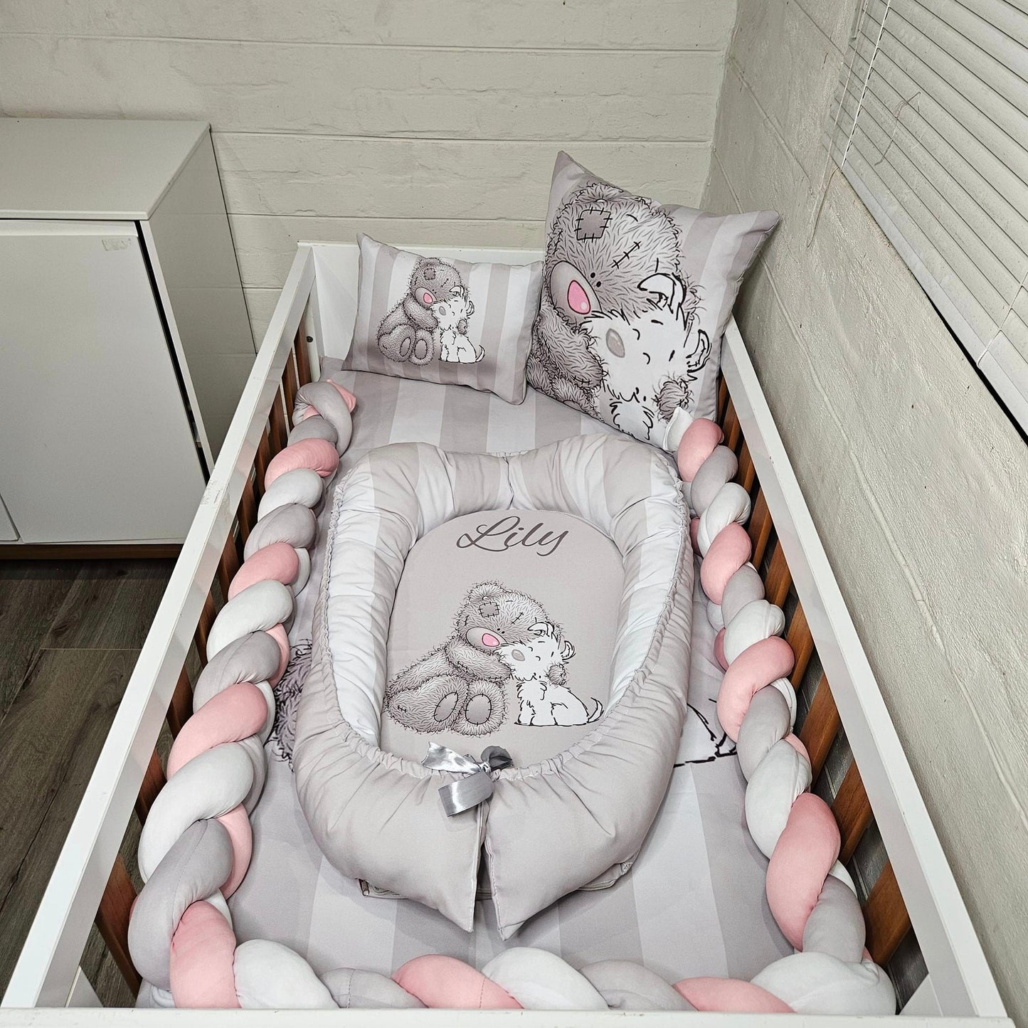 Pink Nose Grey strips Tatty Teddy cot linen