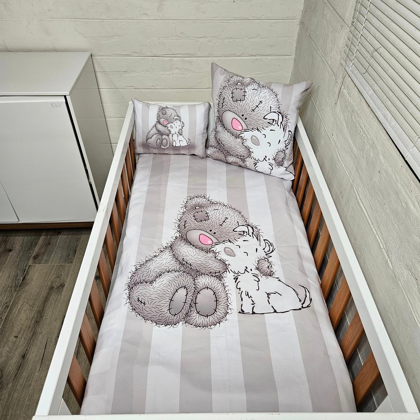 Pink Nose Grey strips Tatty Teddy cot linen