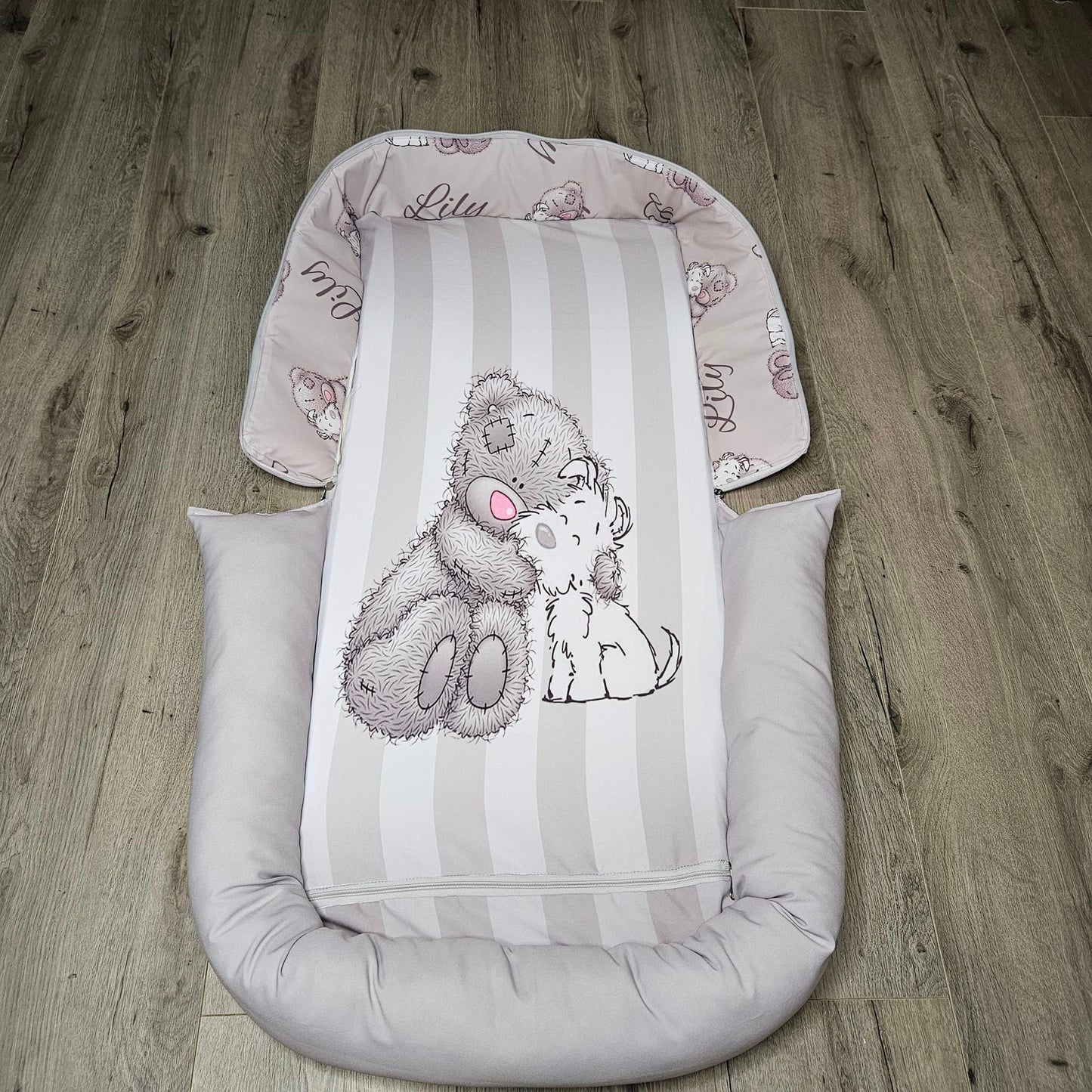 Pink Nose Grey strips Tatty Teddy cot linen