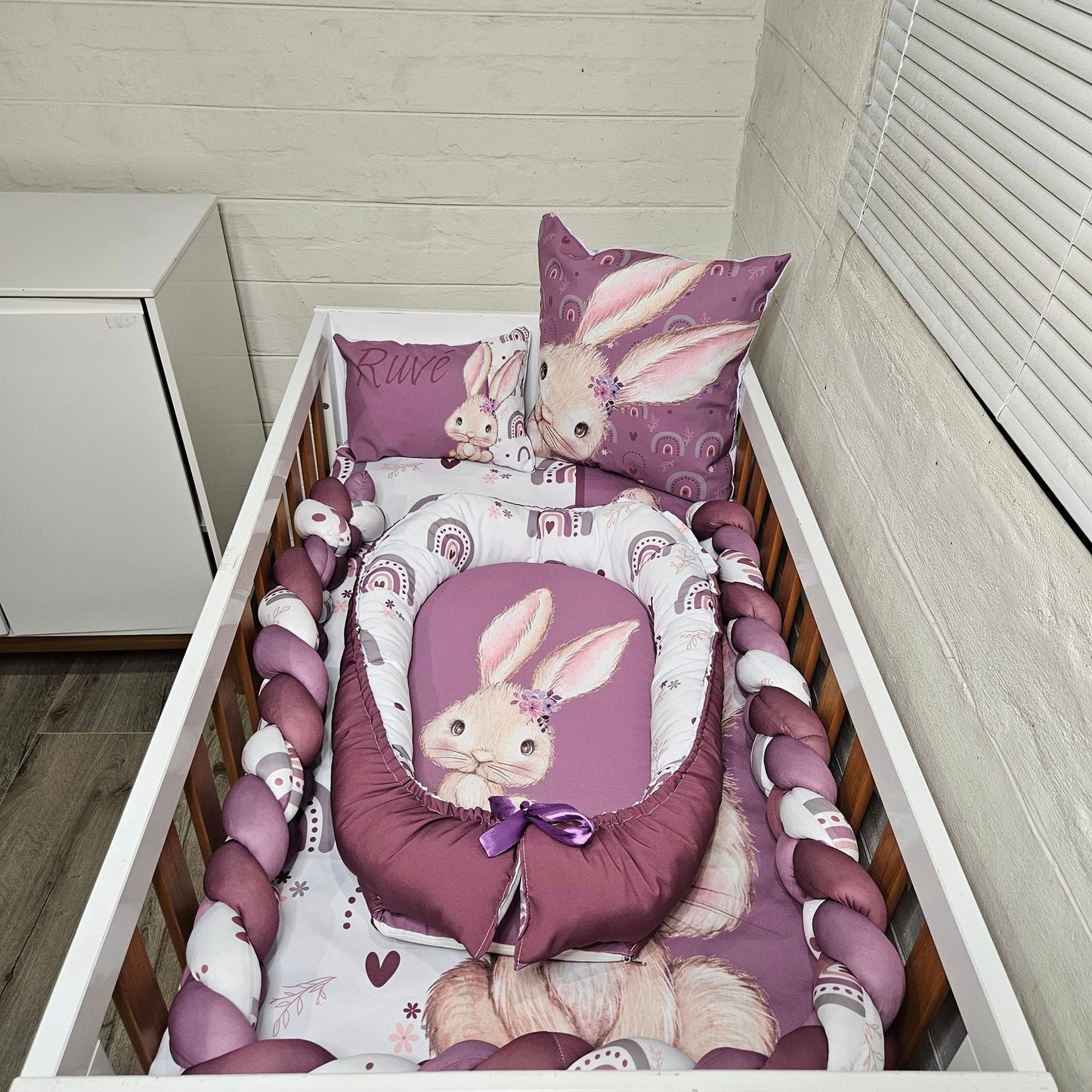 Purple boho bunny cot linen