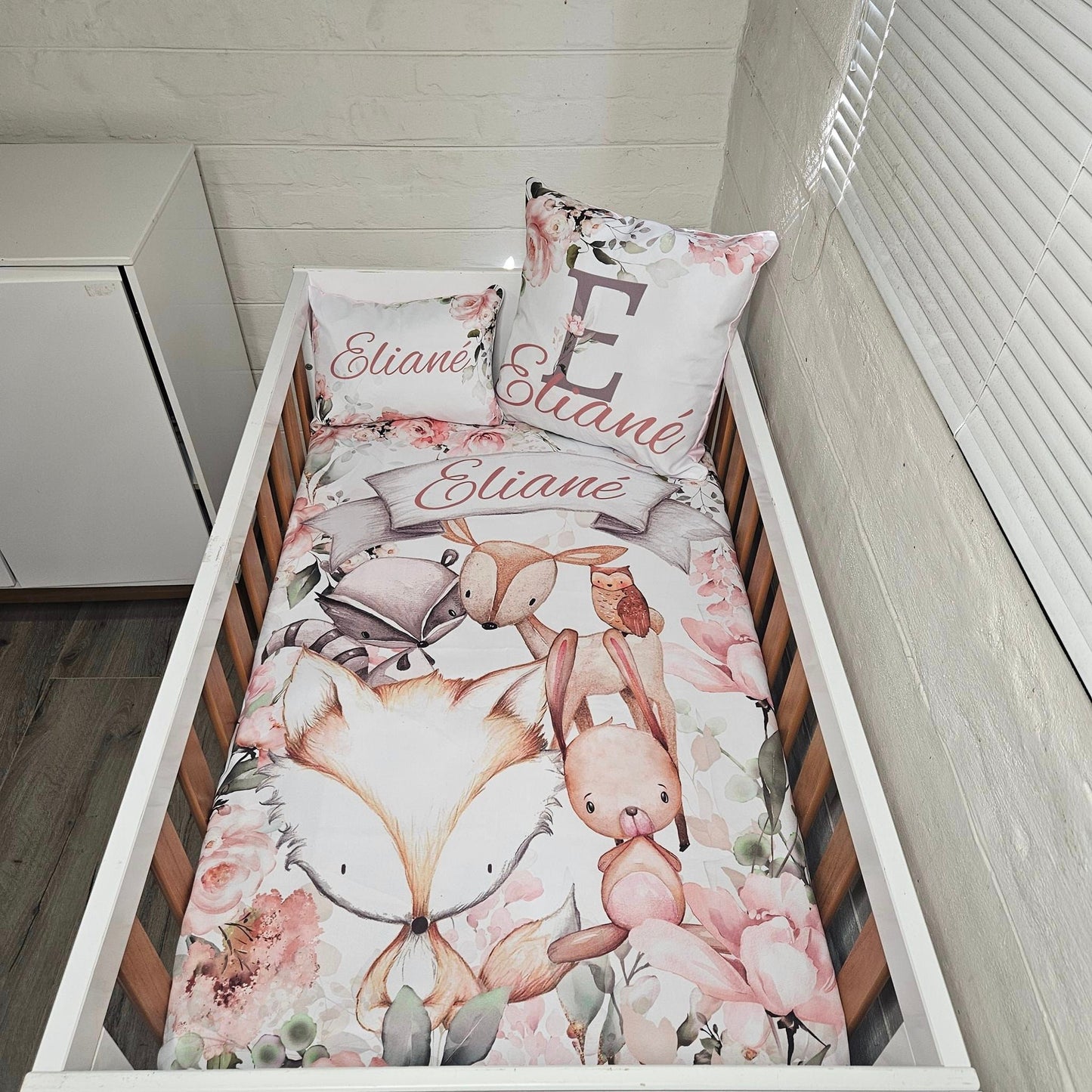 Soft Pink Boho Woodlands cot linen