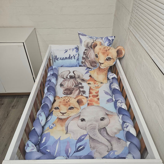 Blue Leafy Safari cot bumper