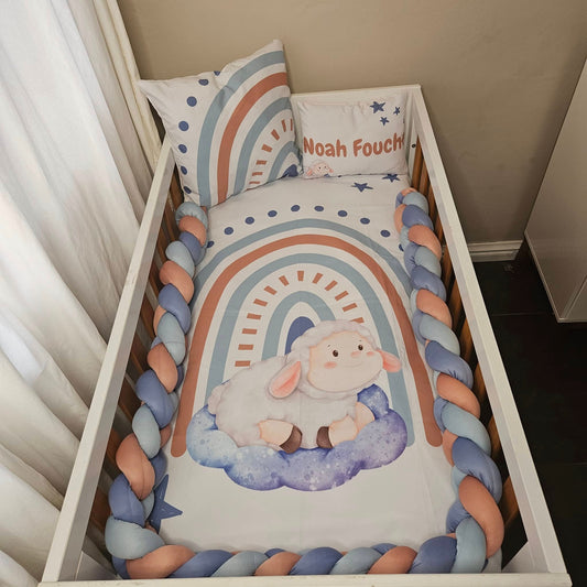 Baby Blue Boho Rainbow Sheep cot linen