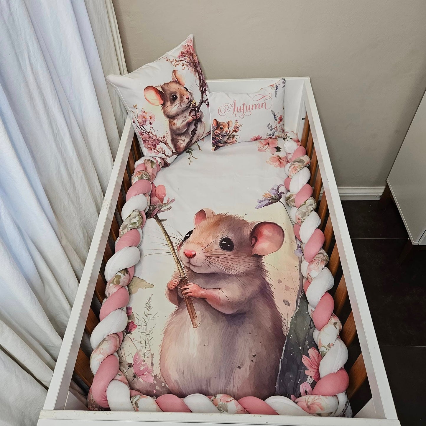 Custom Printed Field Flower  Mice  cot linen