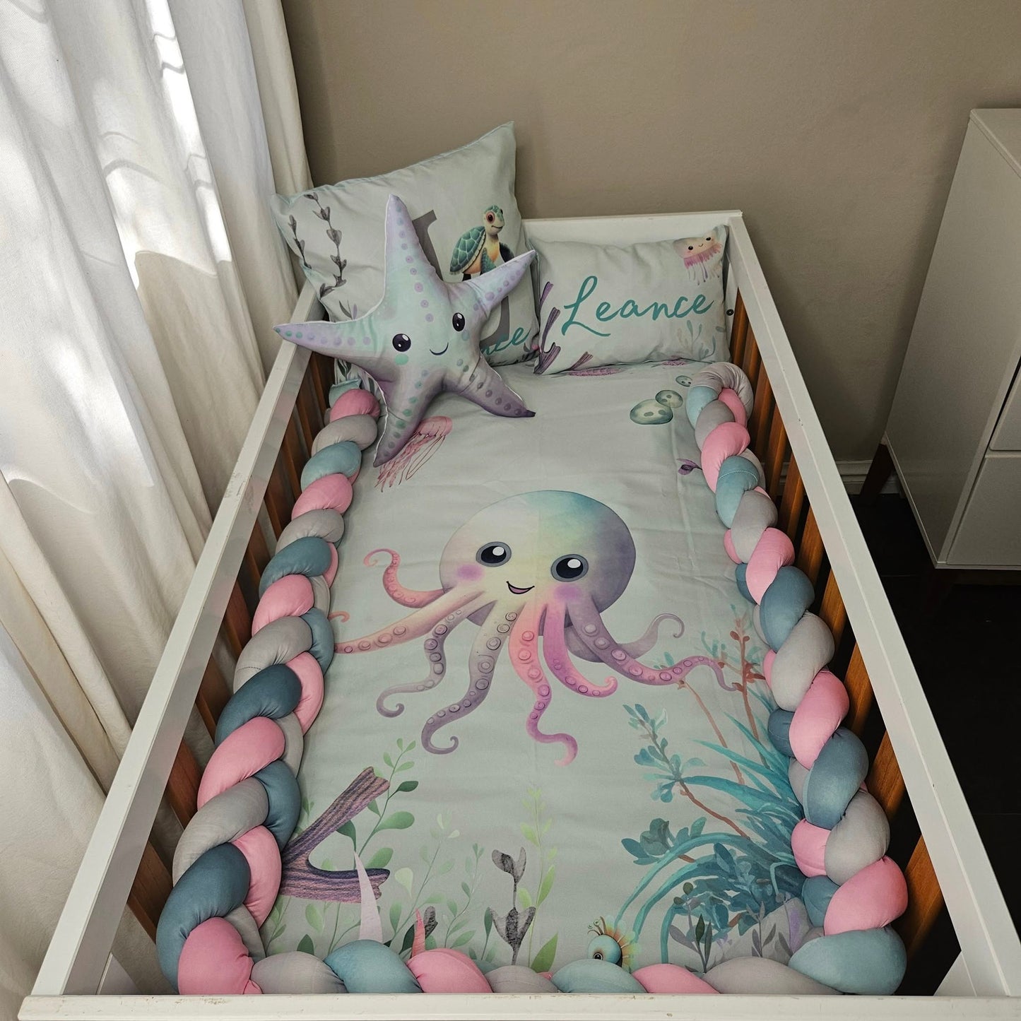 Mint and Turquoise Octopus  cot linen