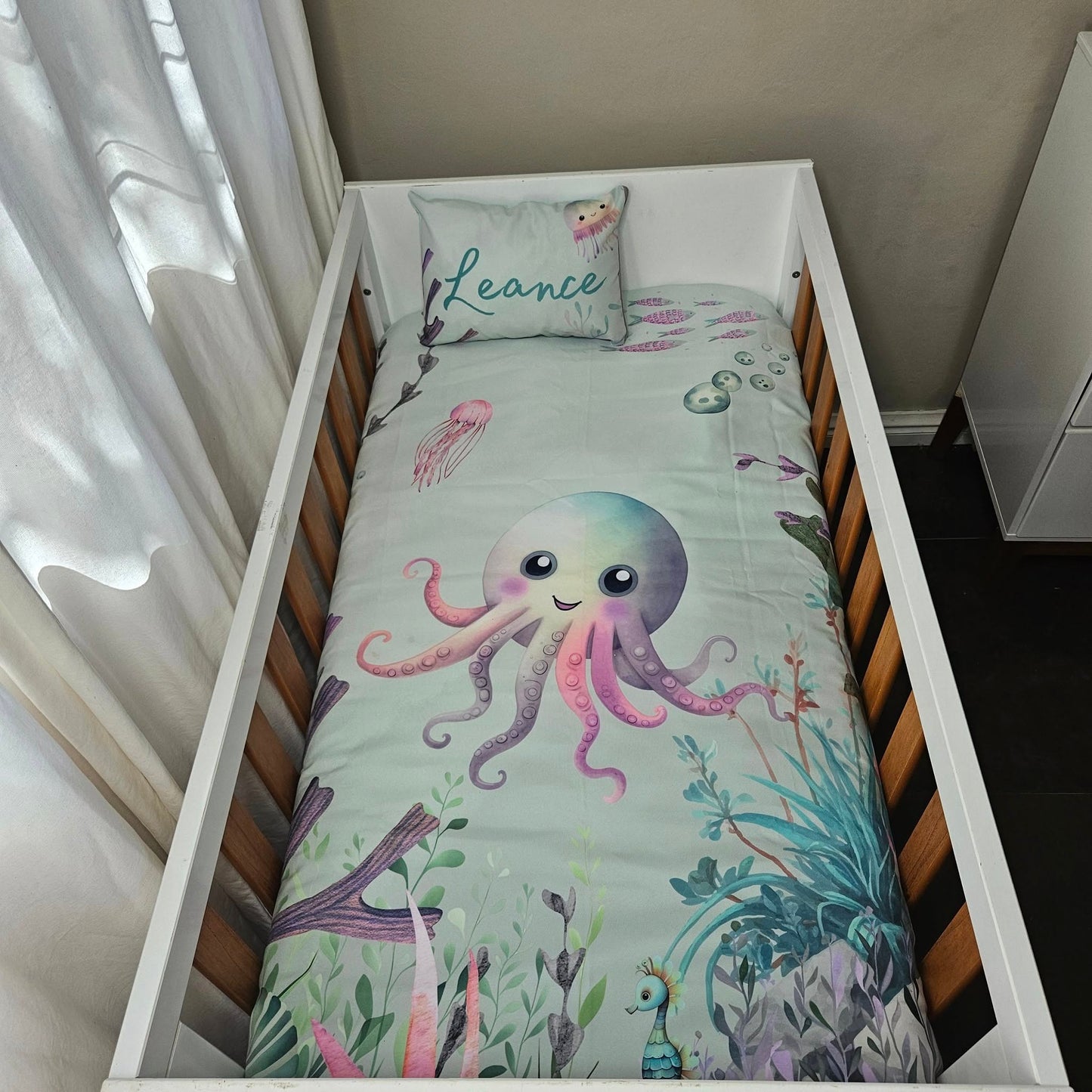 Mint and Turquoise Octopus  cot linen