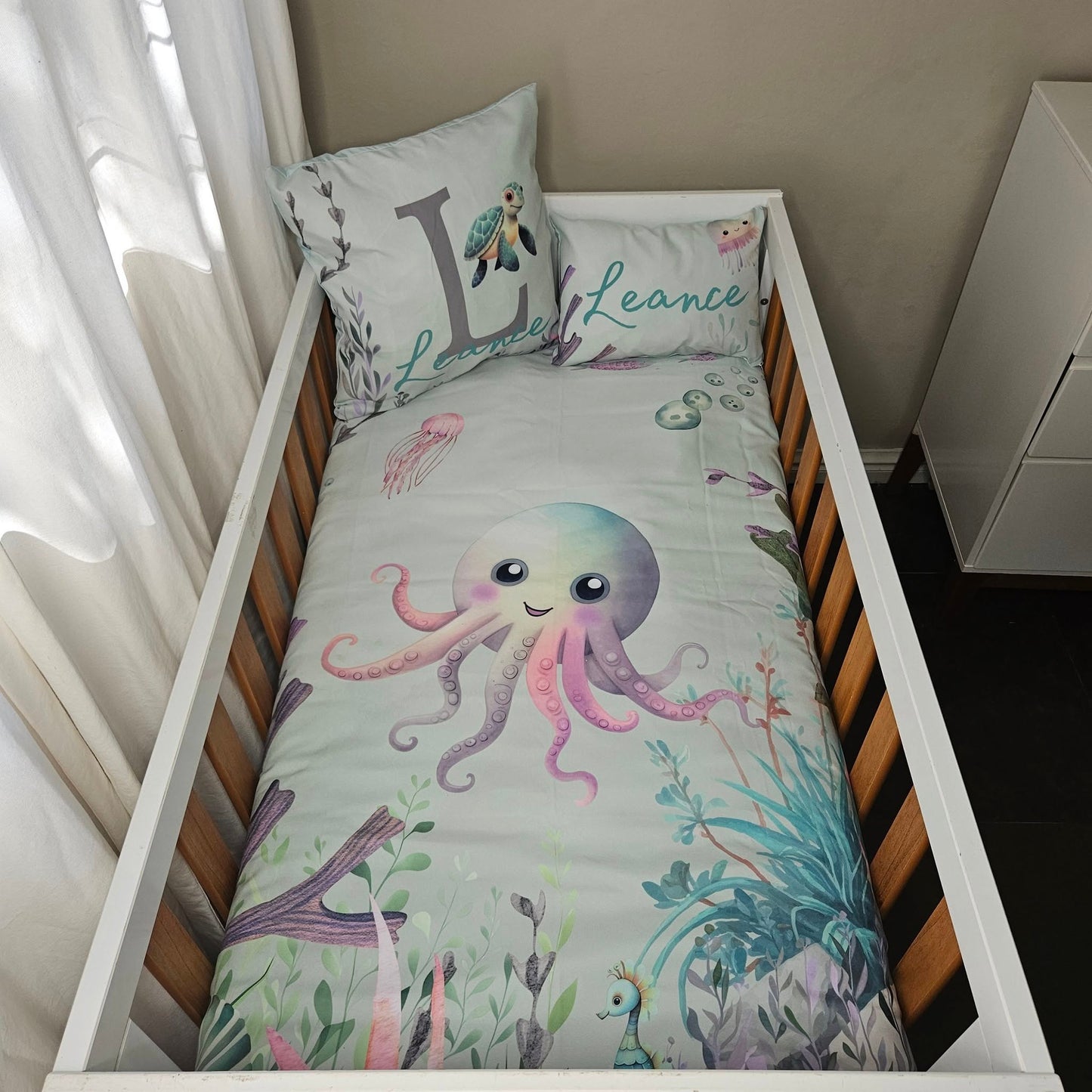 Mint and Turquoise Octopus  cot linen