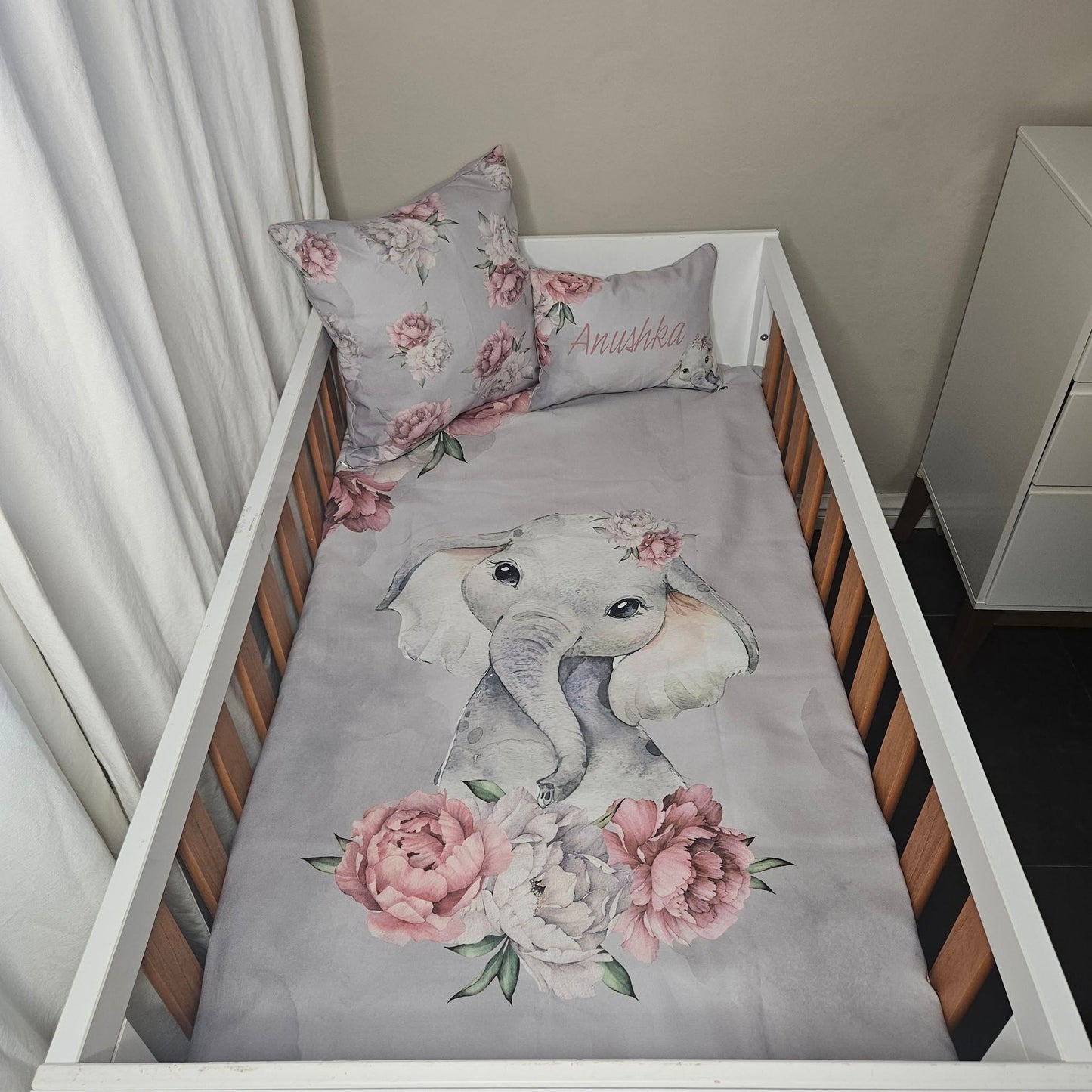 Grey Peony Floral Ellie  cot linen