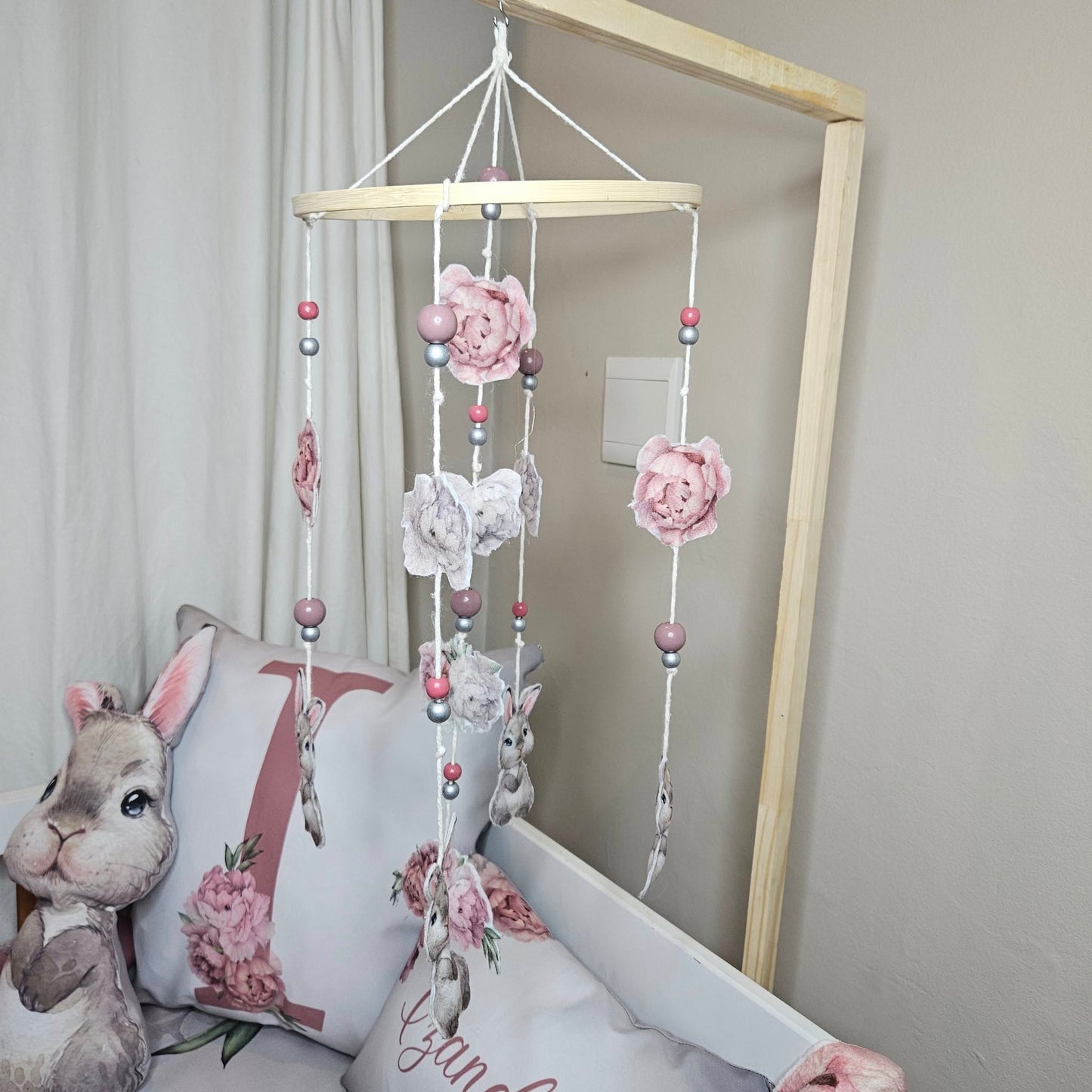 Silver Peony Bunny cot mobile