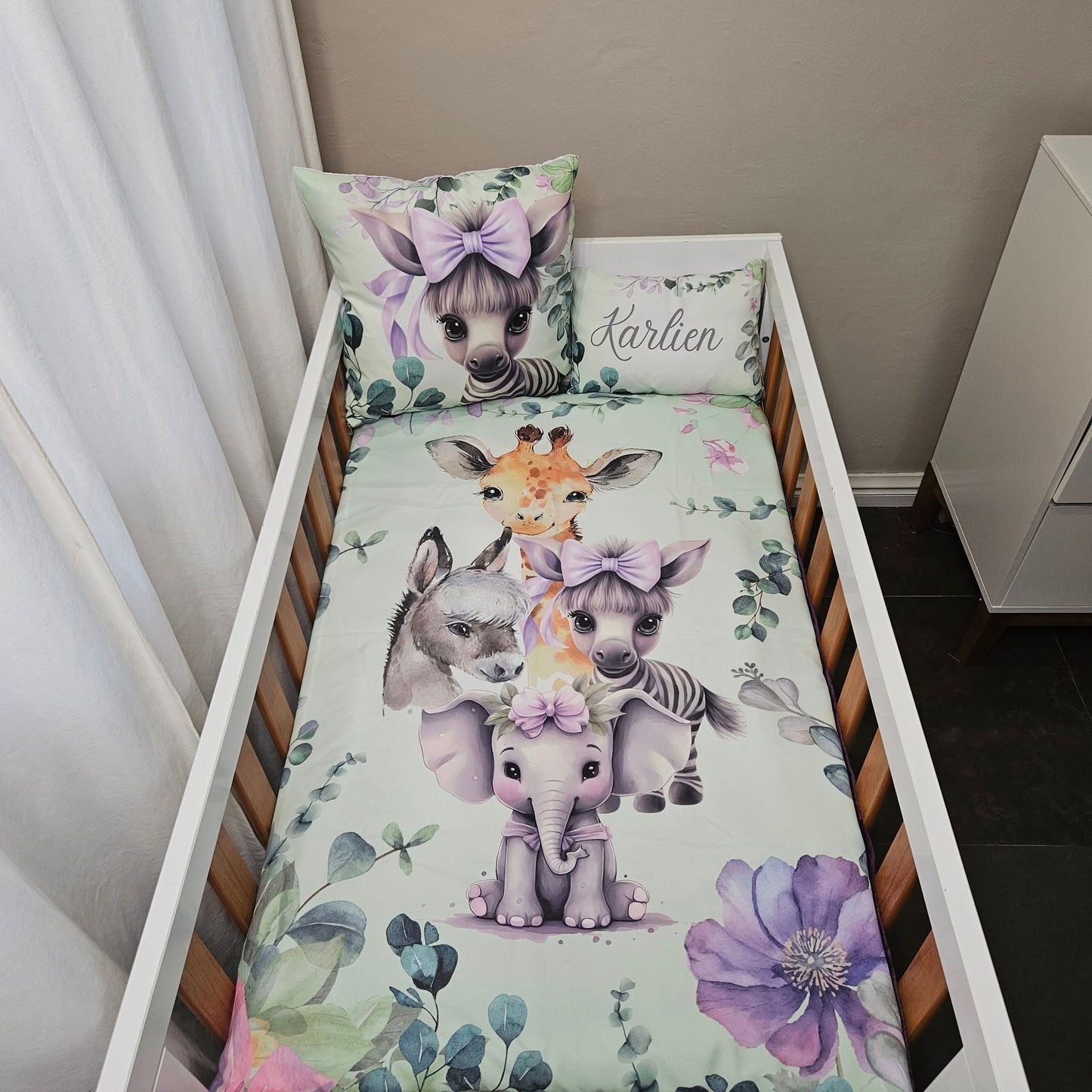 Mint and Lavender Safari  cot linen