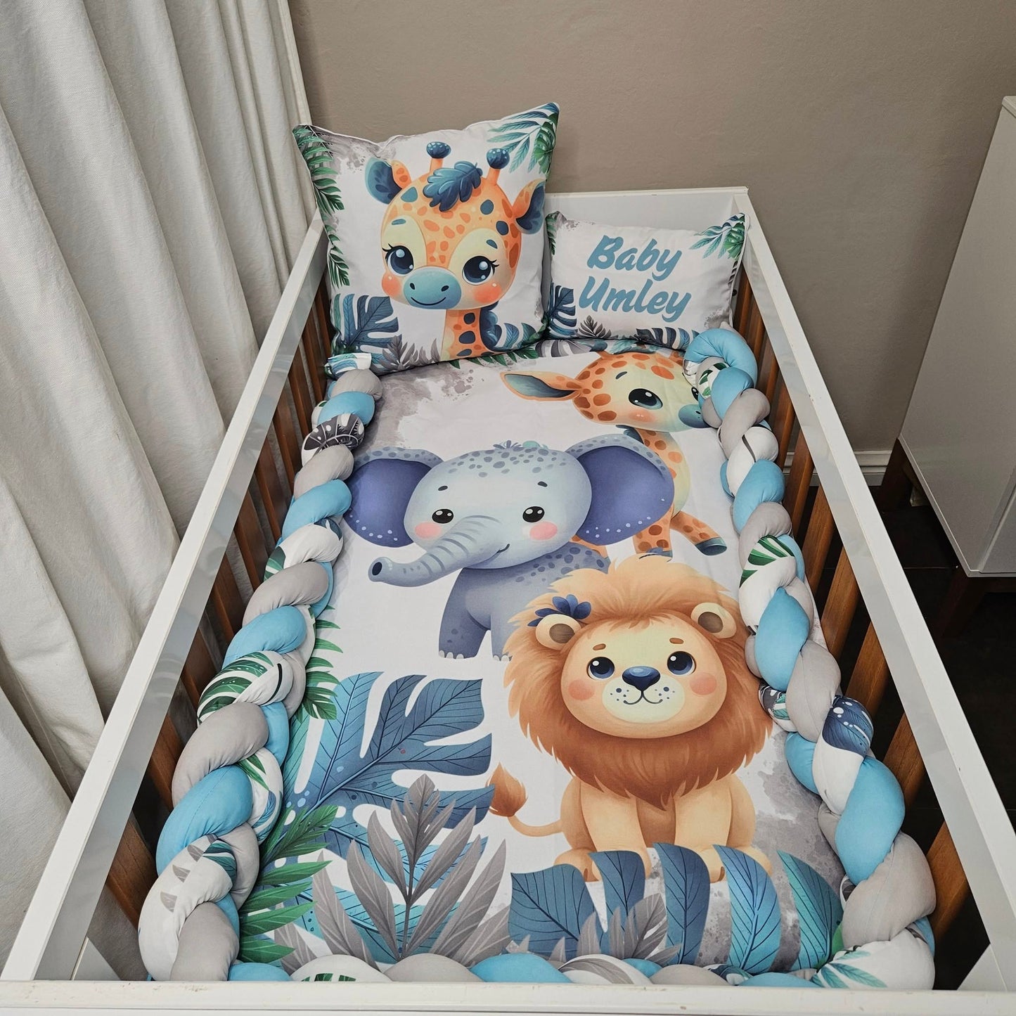 Baby Blue and Grey Cute Safari cot linen