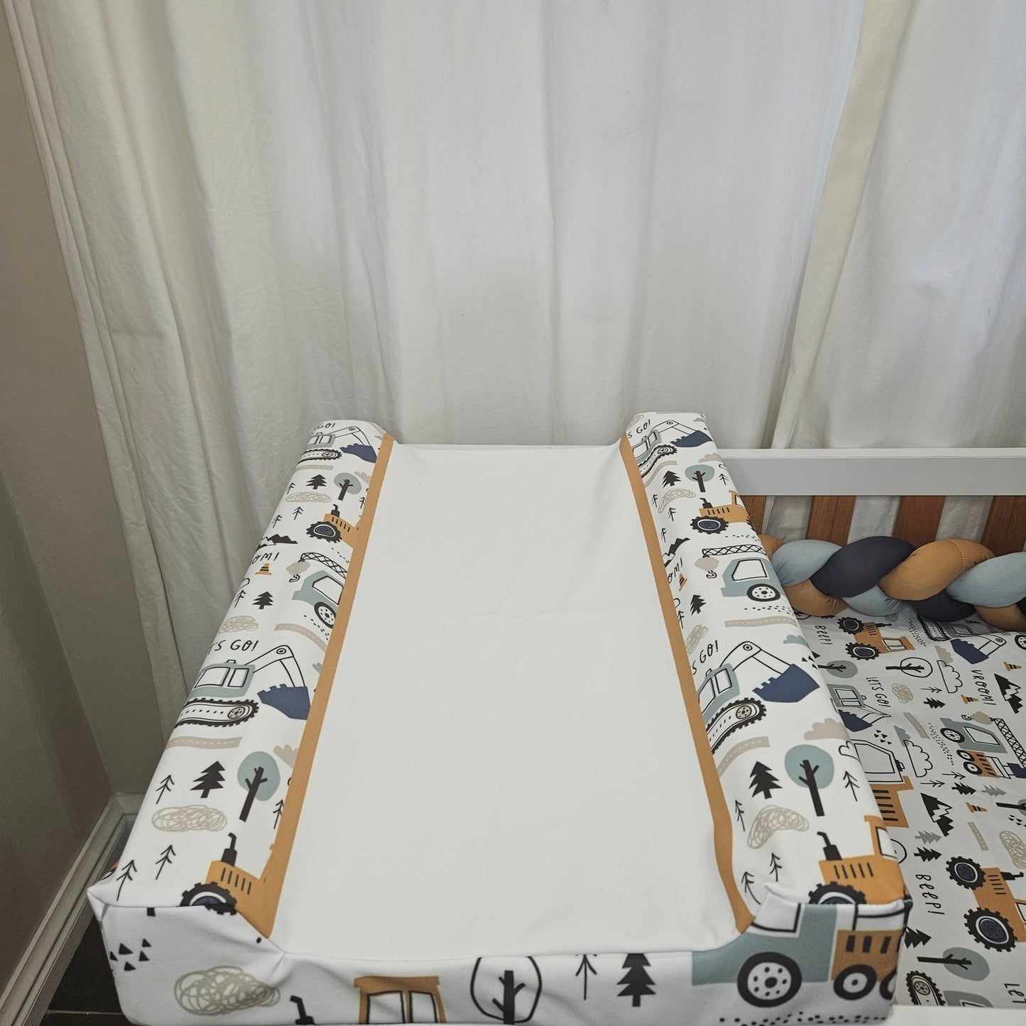 Baby Blue and Mustard Construction  cot linen