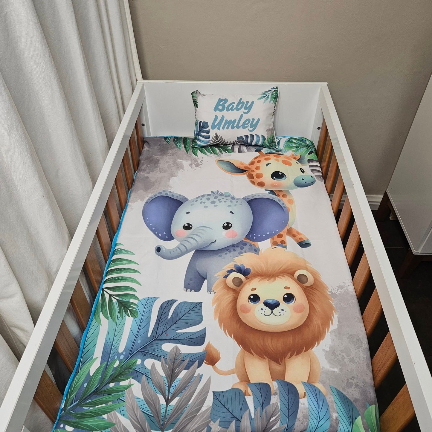 Baby Blue and Grey Cute Safari cot linen