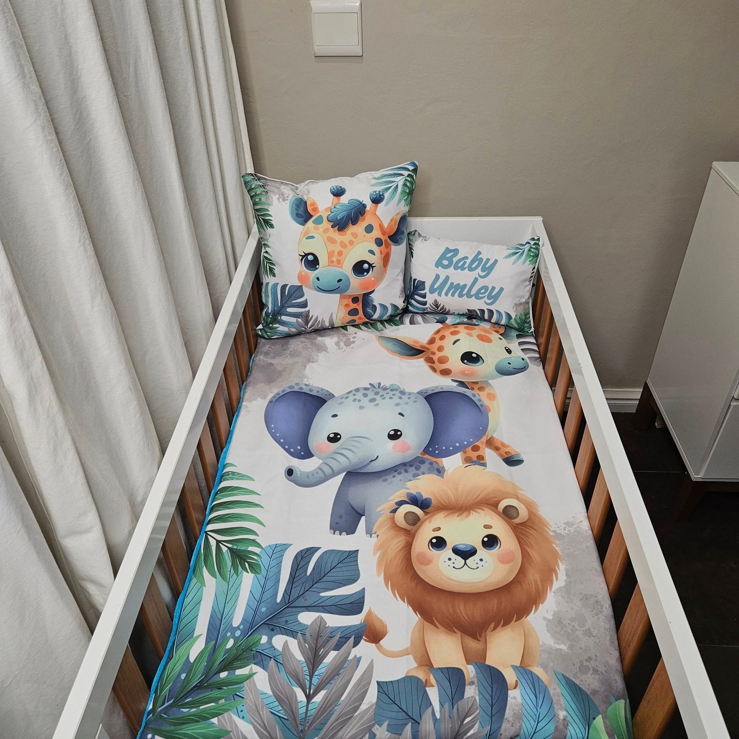 Baby Blue and Grey Cute Safari cot linen