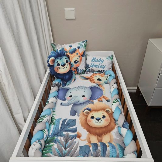 Baby Blue and Grey Cute Safari cot linen