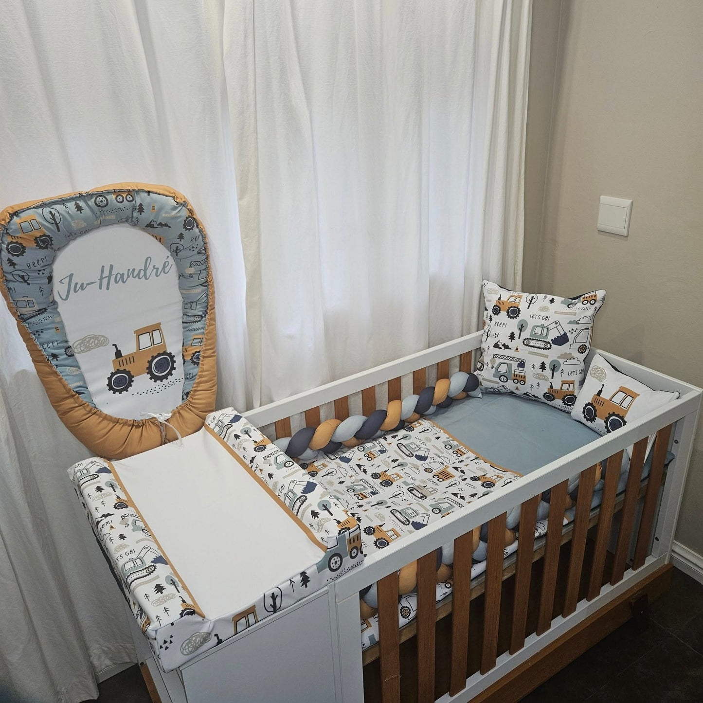 Baby Blue and Mustard Construction  cot linen