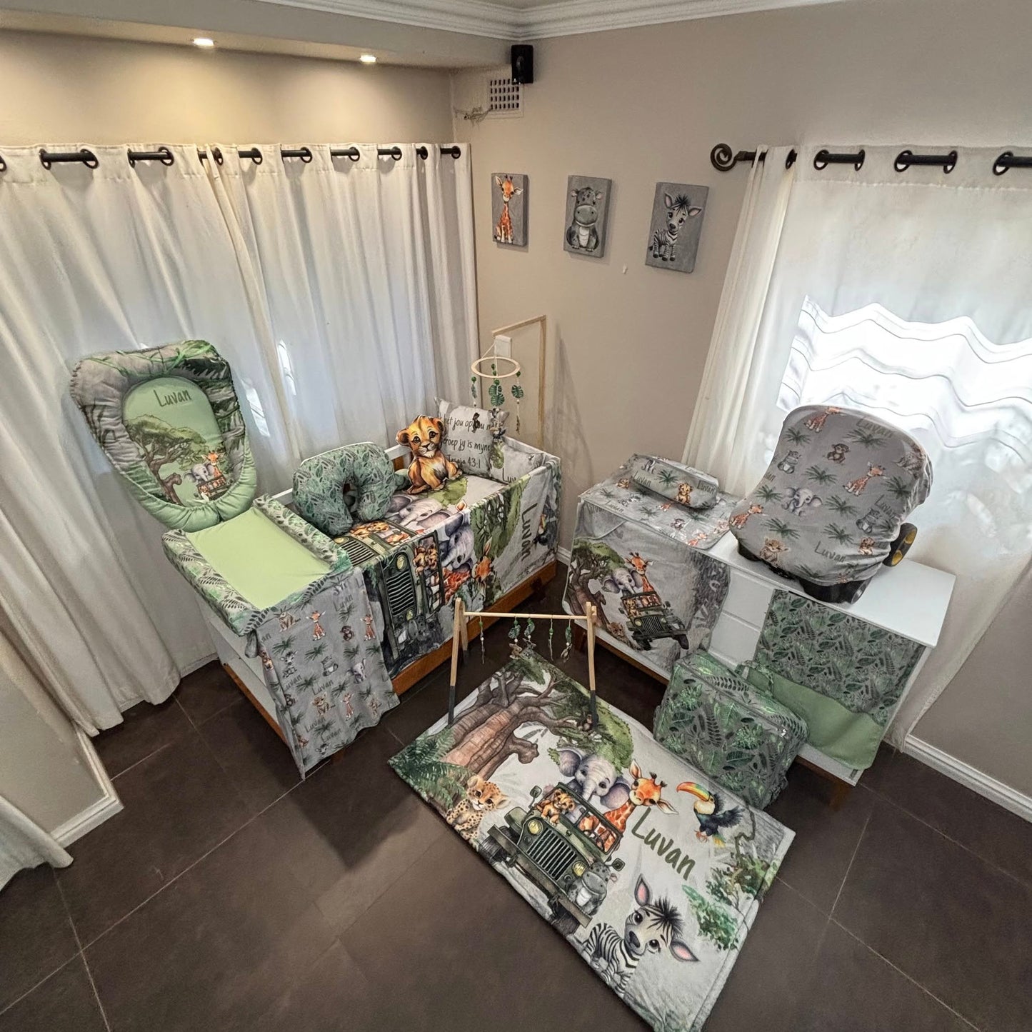 Grey Jungle Jeep Safari cot linen