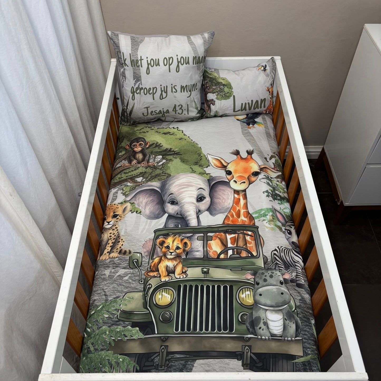 Grey Jungle Jeep Safari cot linen