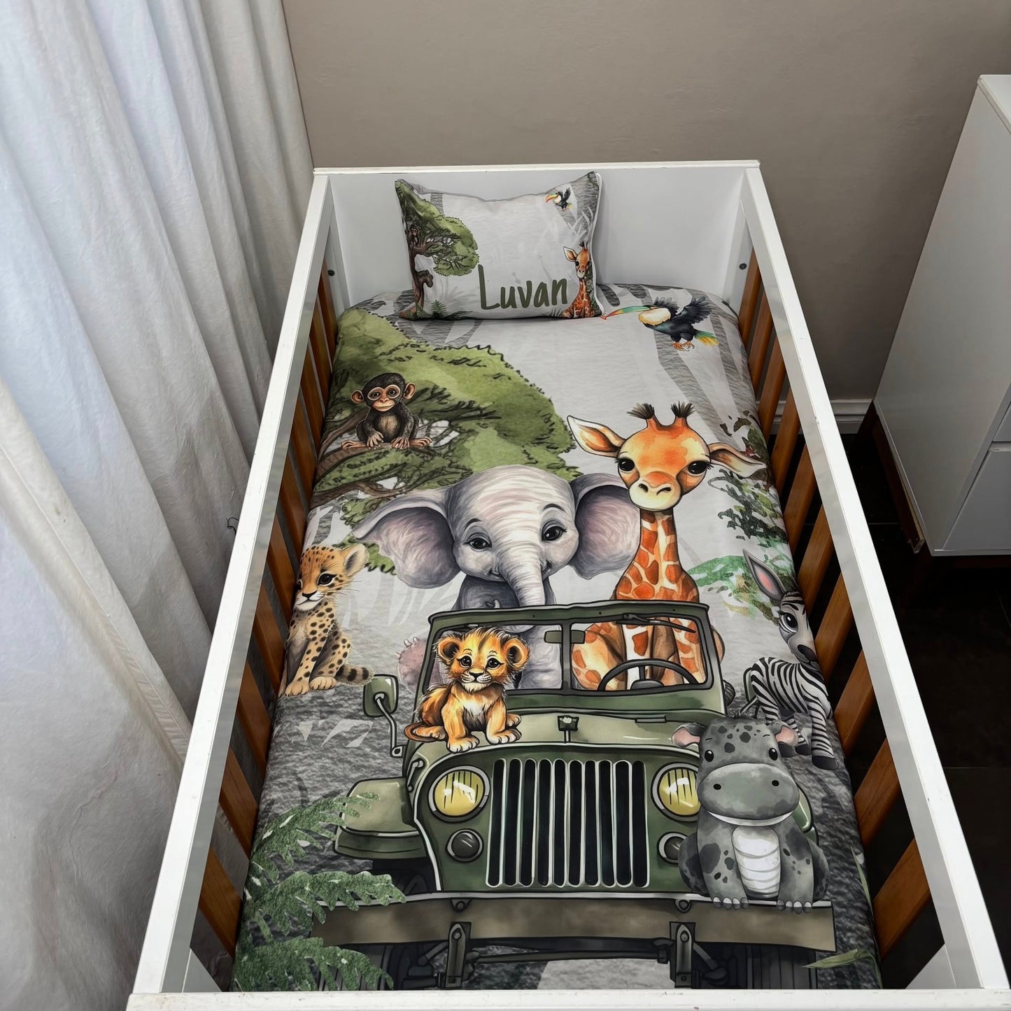 Grey Jungle Jeep Safari cot linen