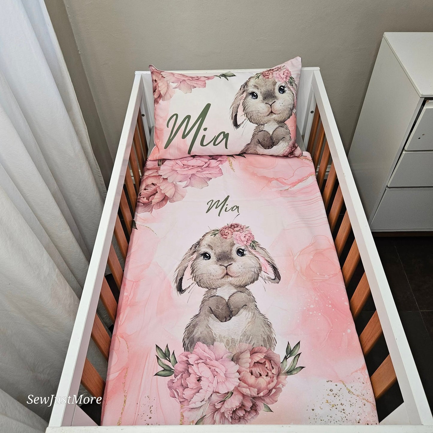 Pink and Sage Peony Bunny cot linen