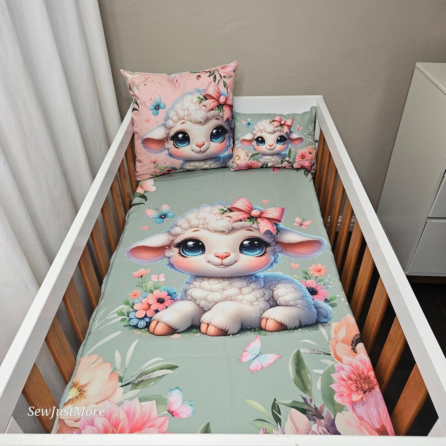 Sage Floral Lamb cot linen