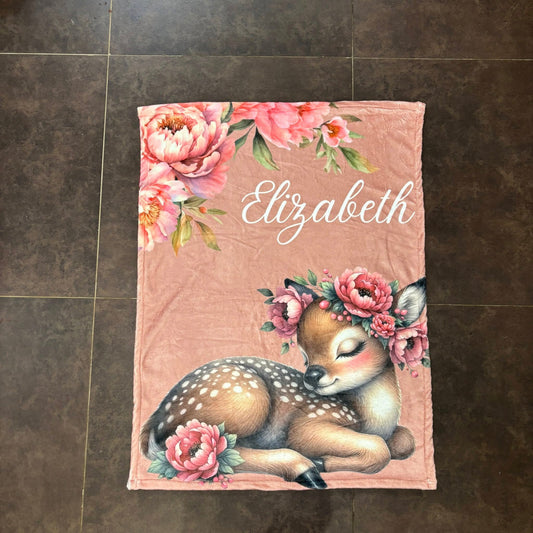 Boho Peony Deer  Fleece Blanket