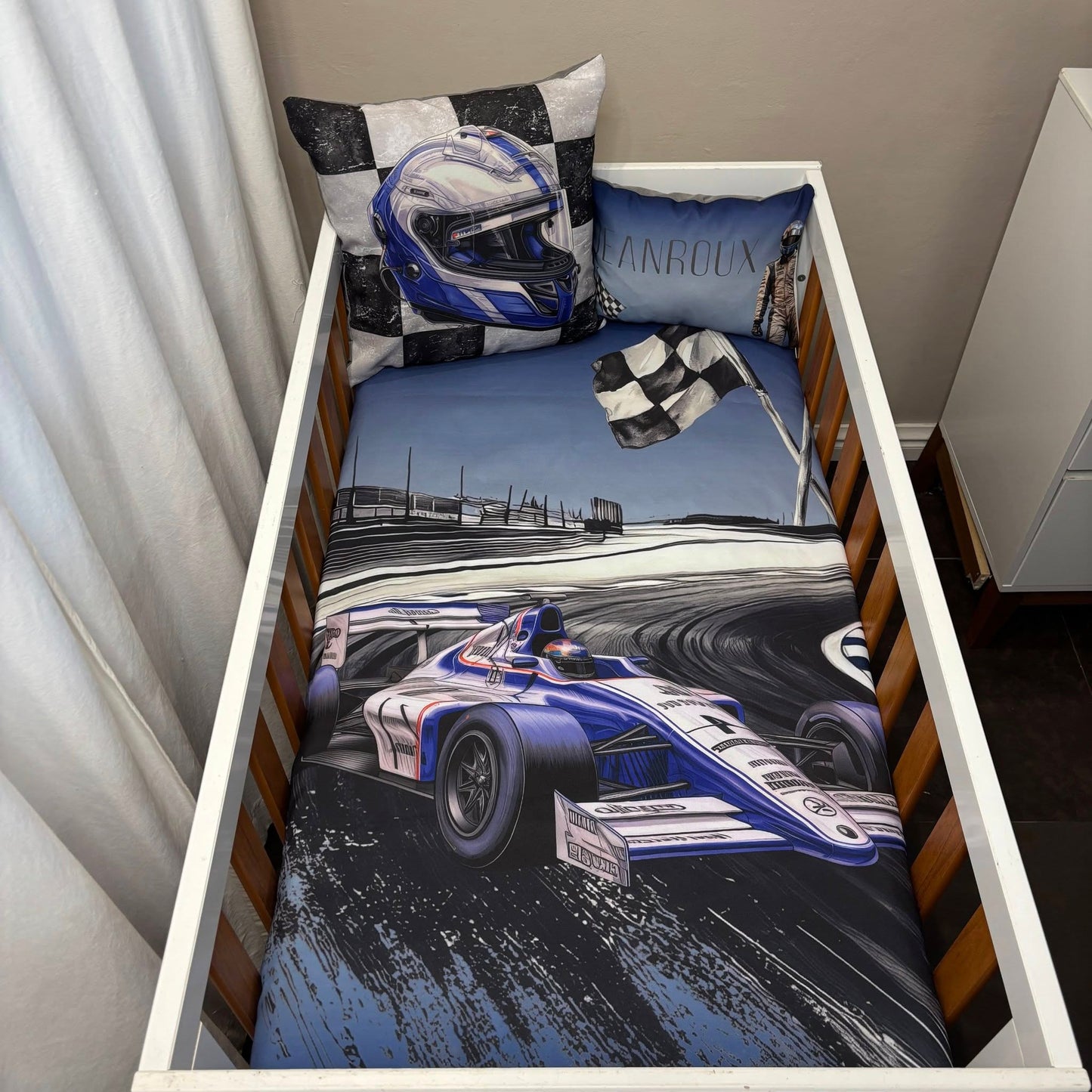 Navy and Blue Formula 1 cot linen