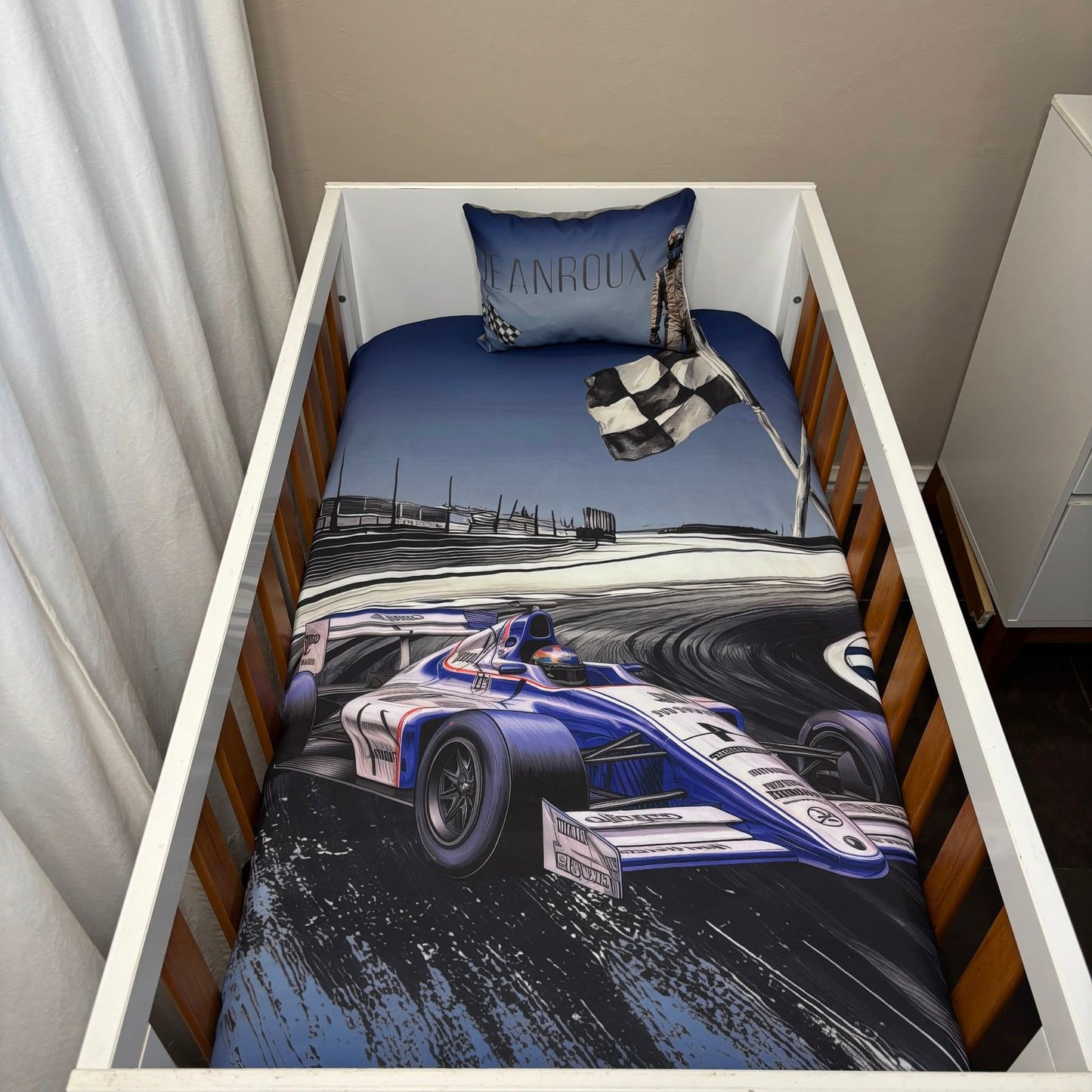 Navy and Blue Formula 1 cot linen