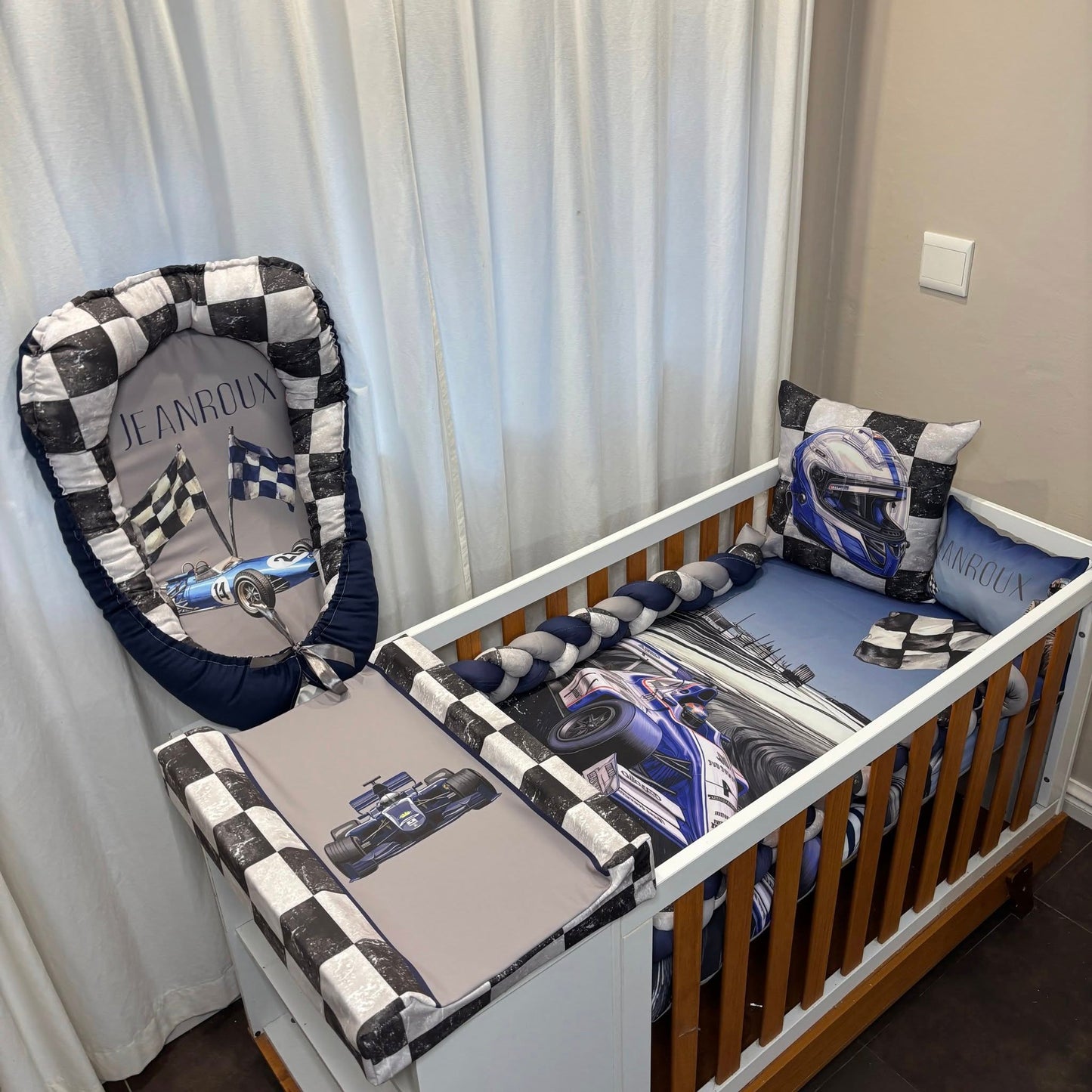 Navy and Blue Formula 1 cot linen