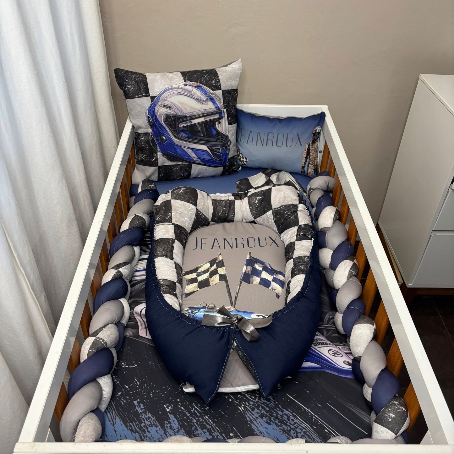Navy and Blue Formula 1 cot linen