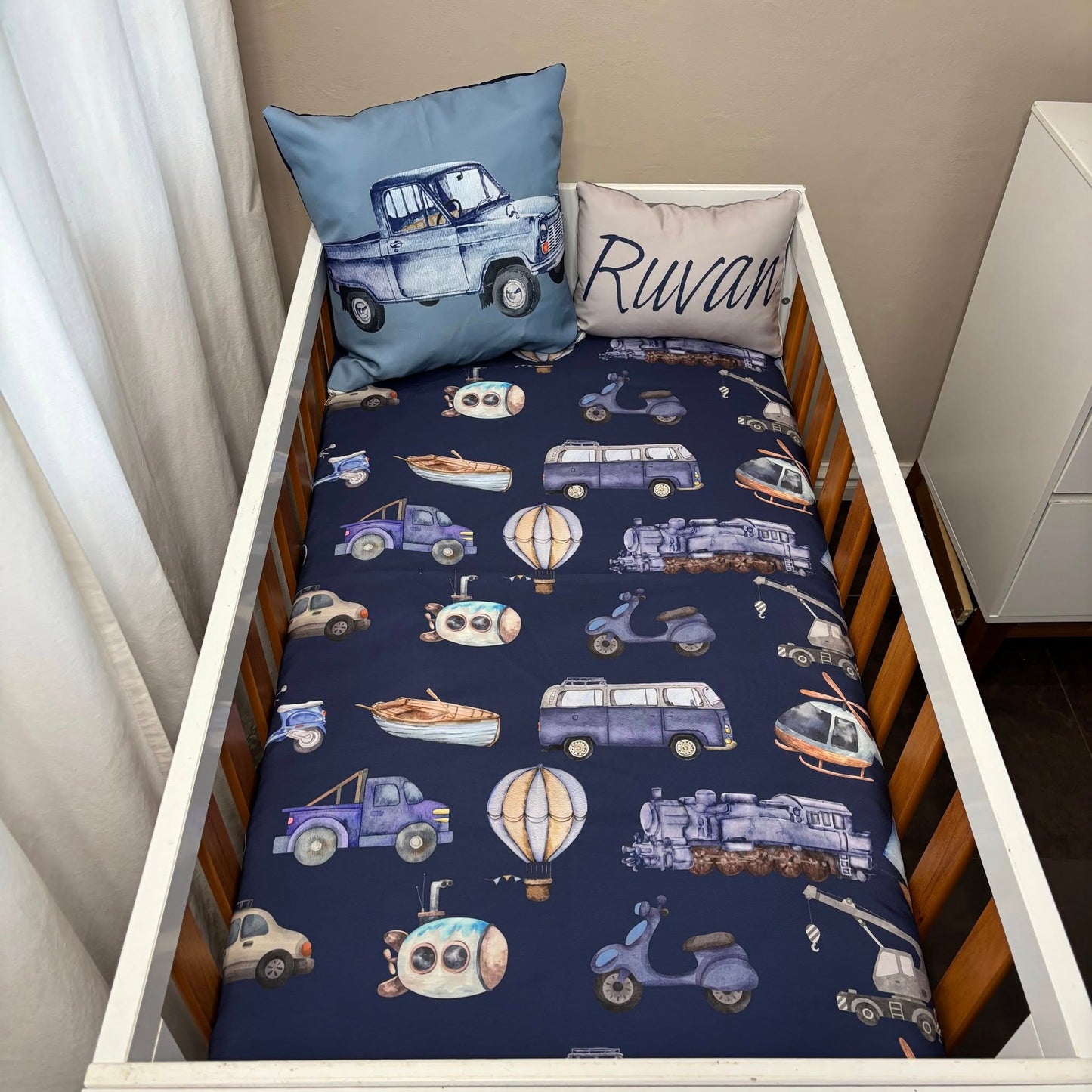 Navy and Baby Blue Transport Set cot linen