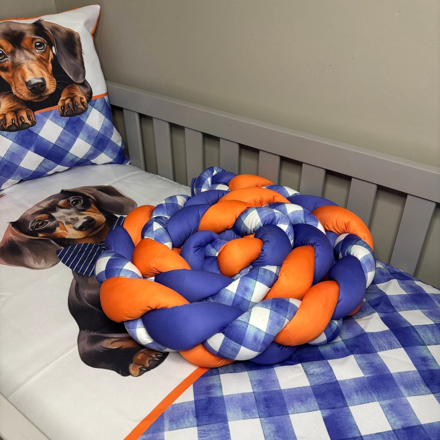 Blue and Orange Dachshund cot linen
