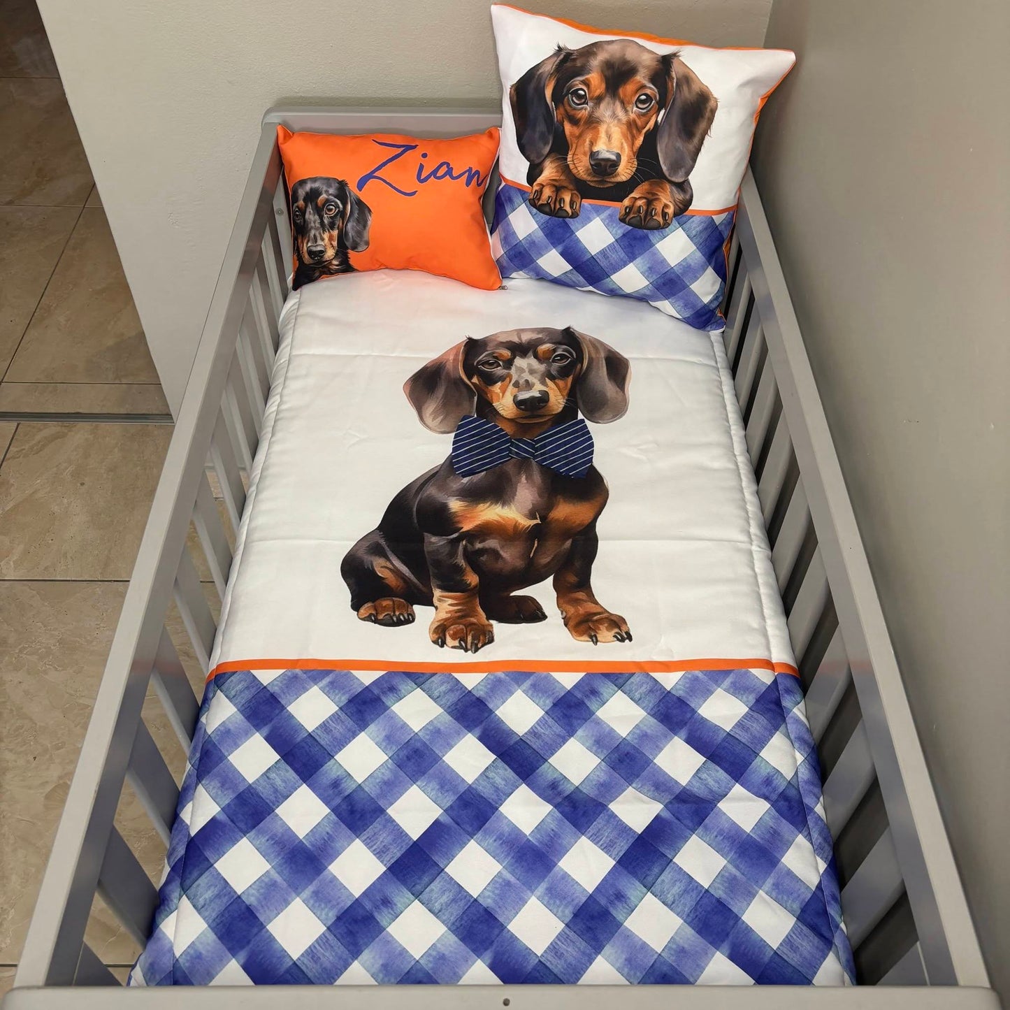Blue and Orange Dachshund cot linen