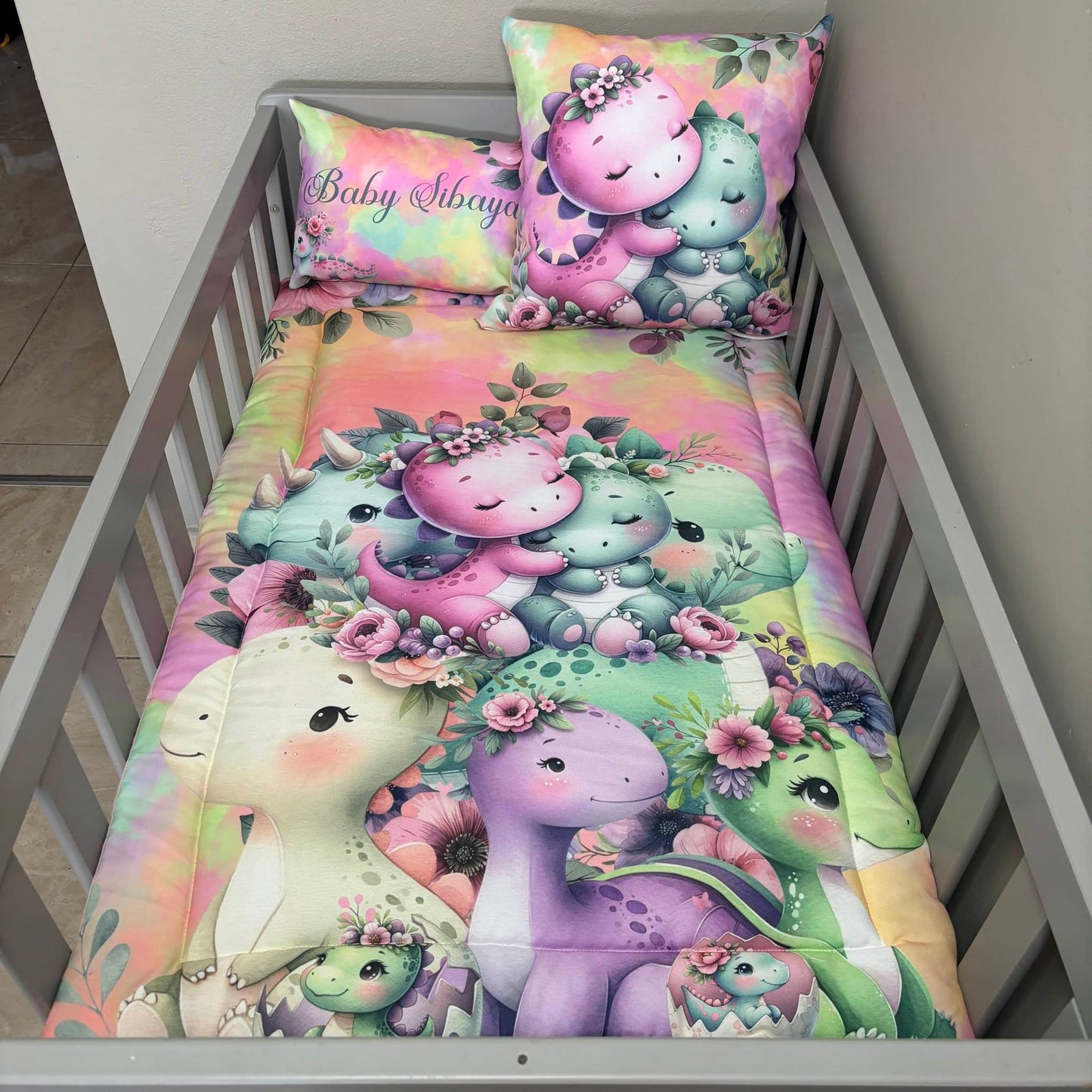 Colorful Rainbow Dino cot linen