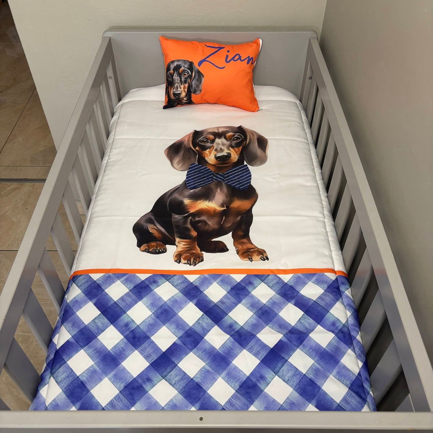 Blue and Orange Dachshund cot linen