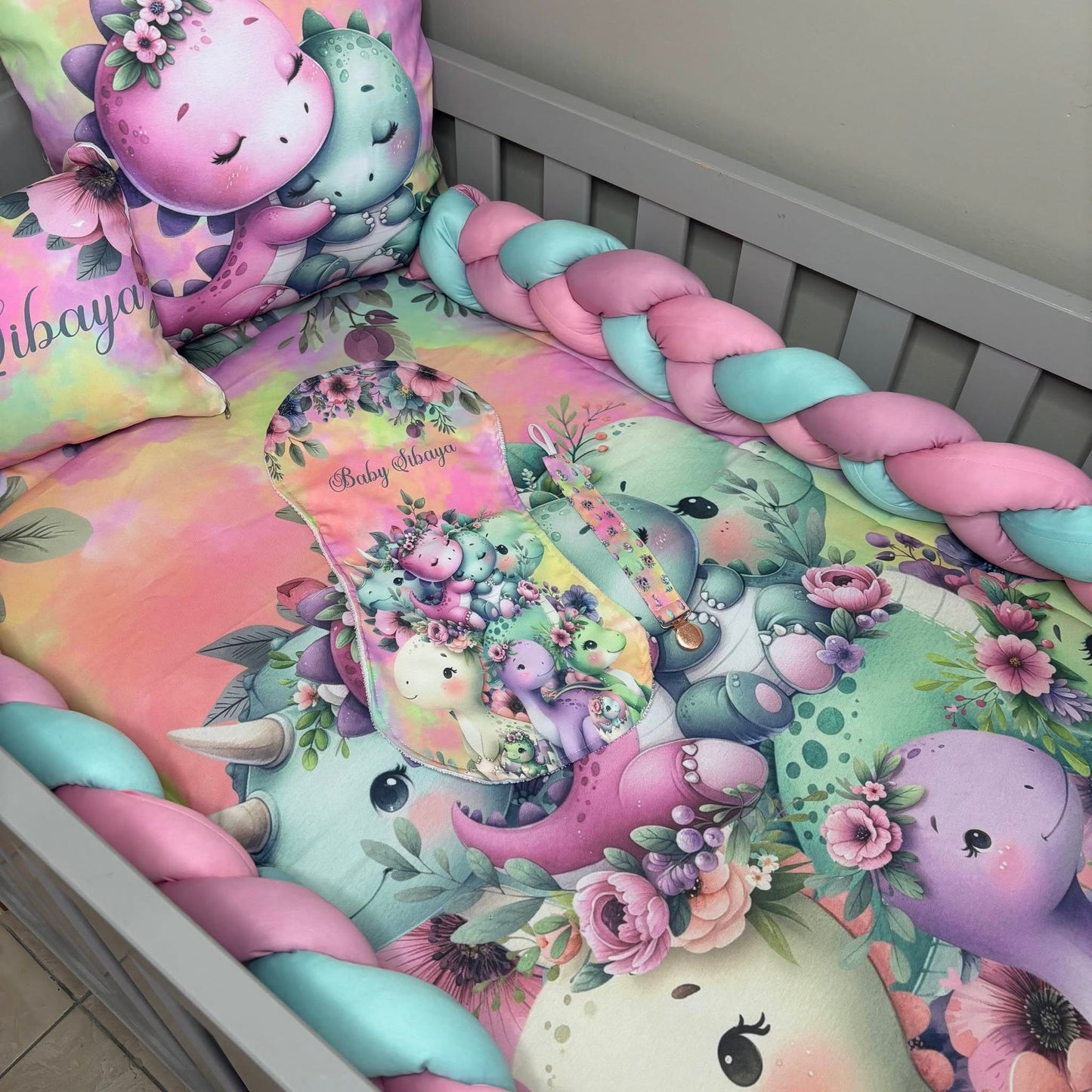 Colorful Rainbow Dino cot linen