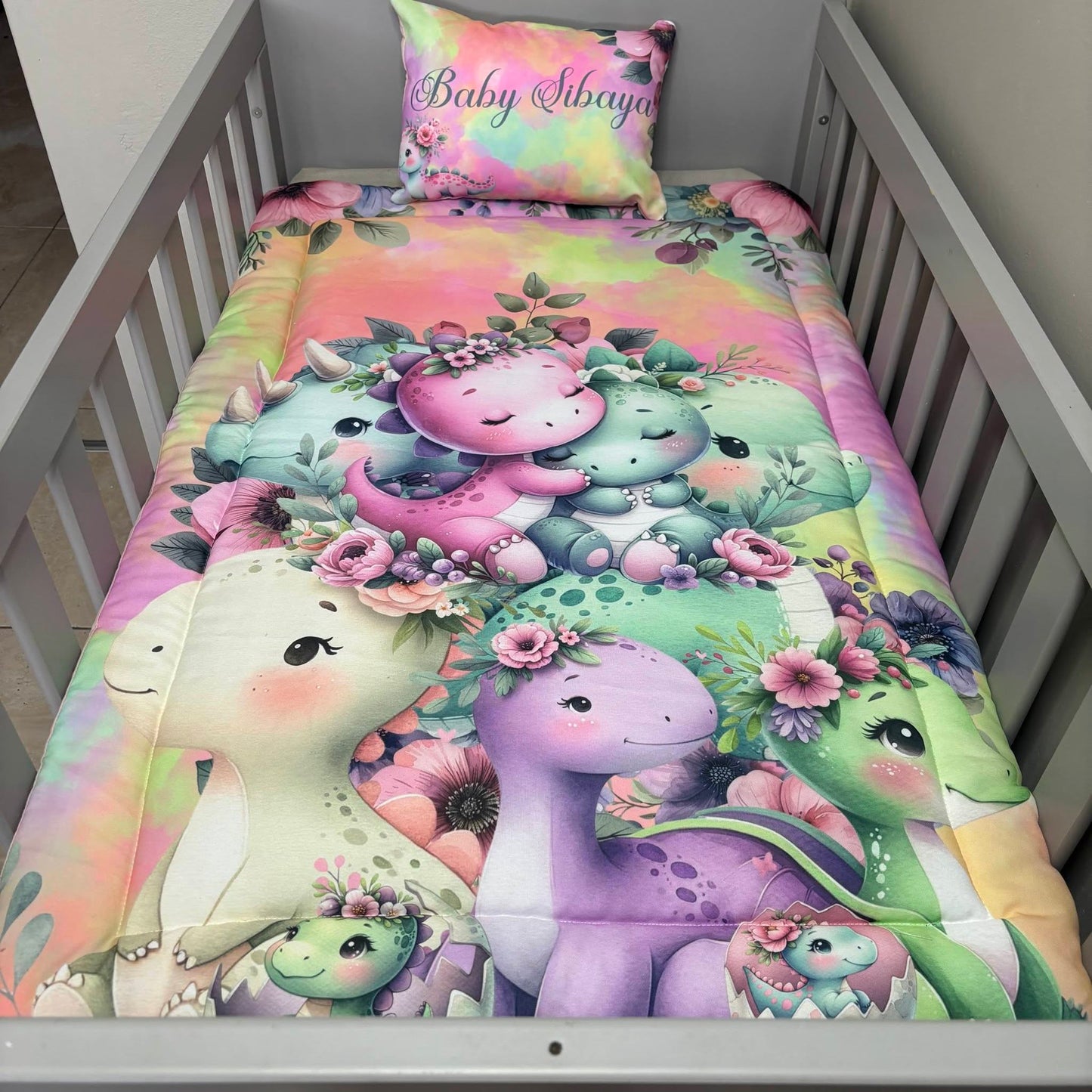 Colorful Rainbow Dino cot linen