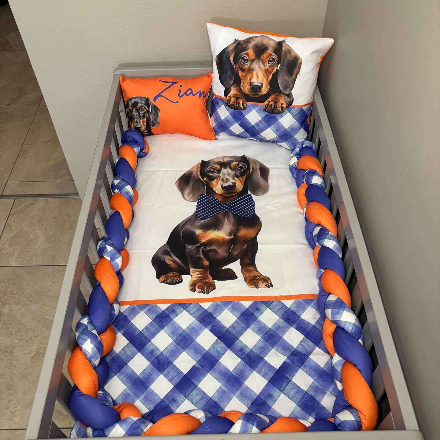 Blue and Orange Dachshund cot linen