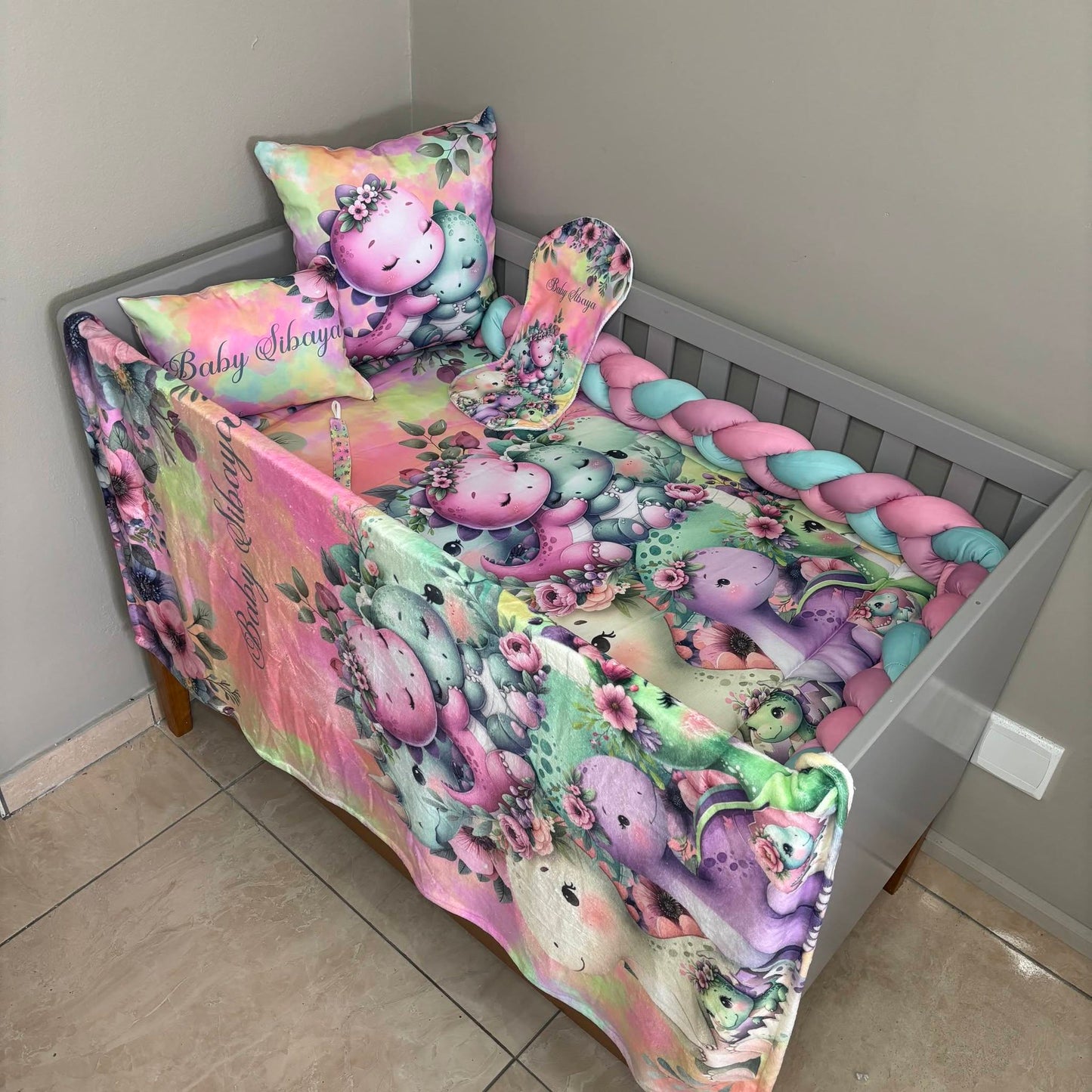 Colorful Rainbow Dino cot linen