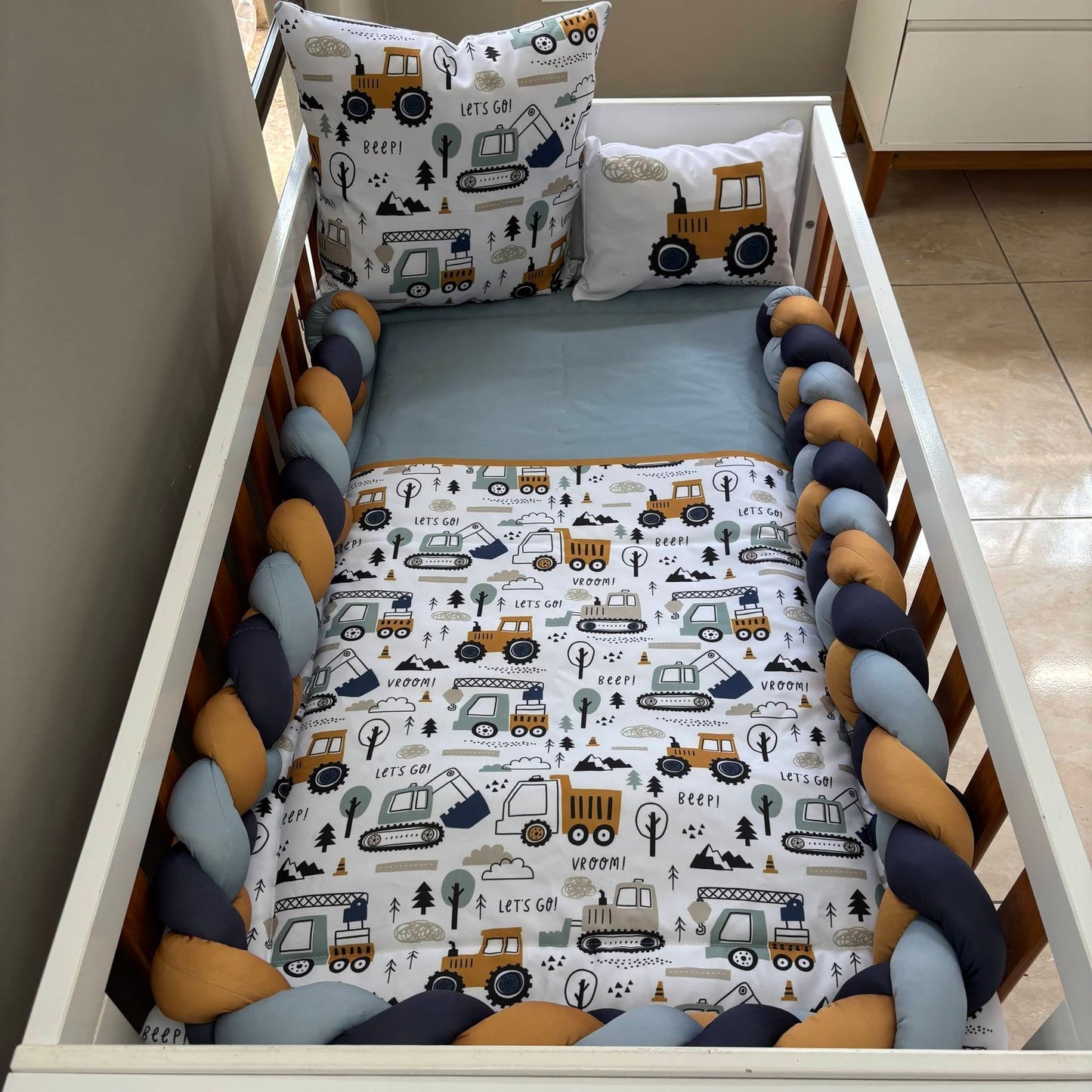 Baby Blue and Mustard Construction  cot linen