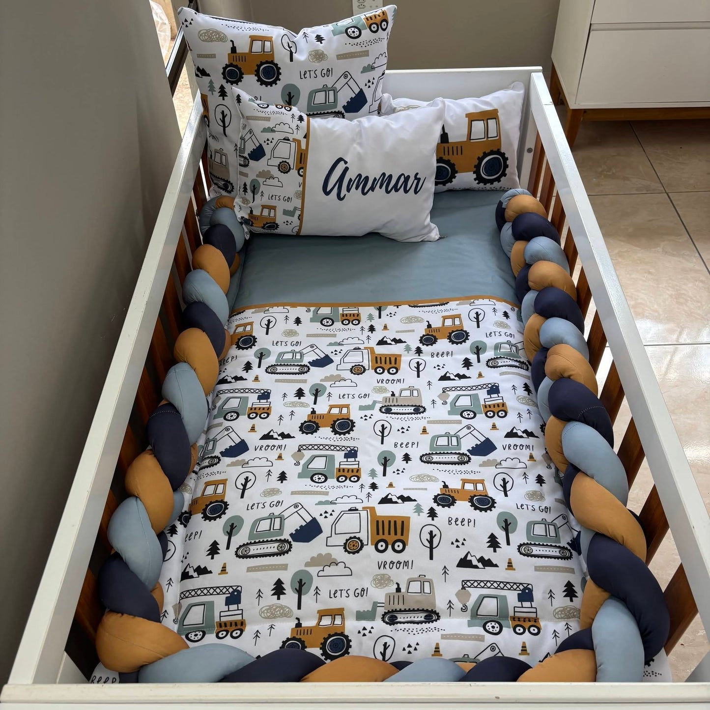 Baby Blue and Mustard Construction  cot linen