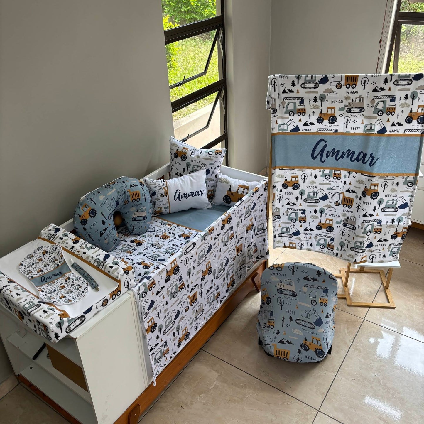 Baby Blue and Mustard Construction  cot linen