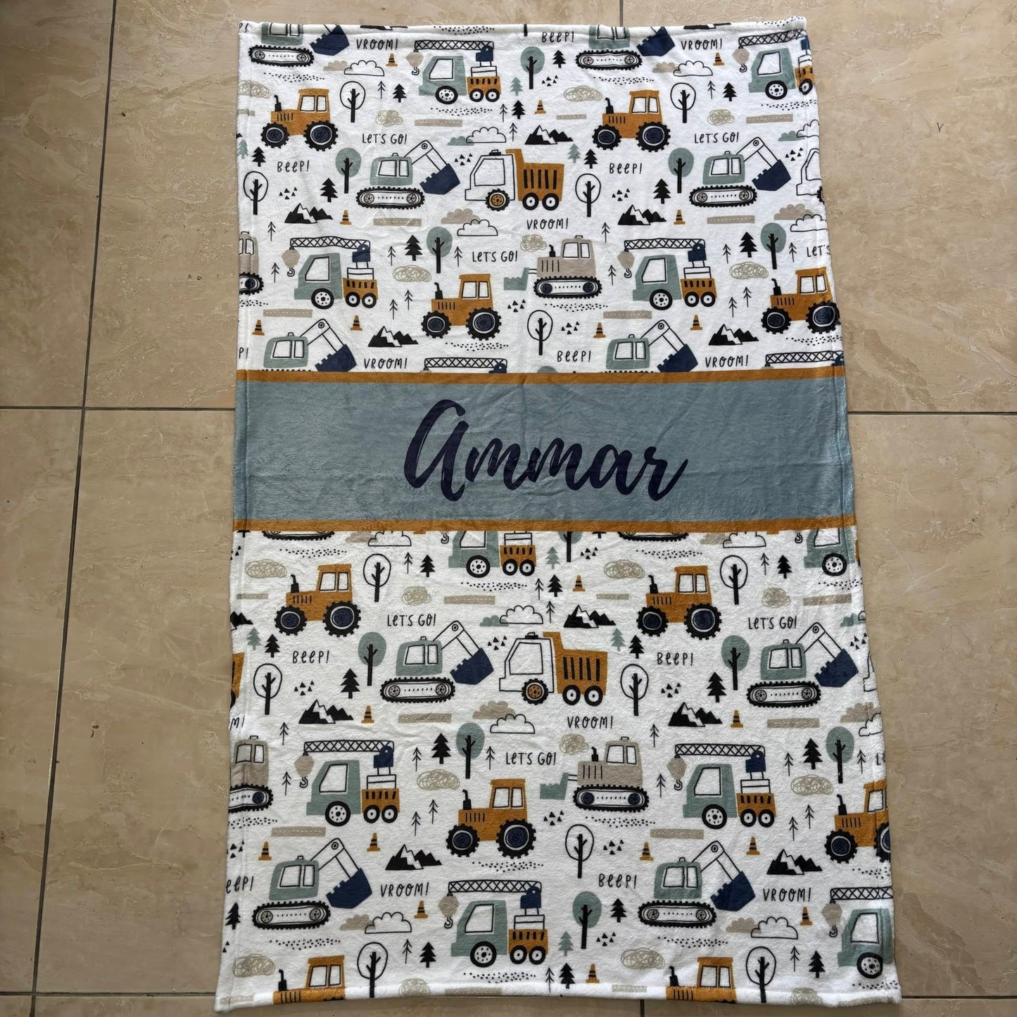Baby Blue and Mustard Construction  cot linen